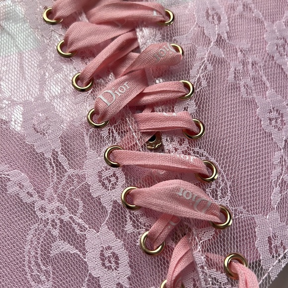 Vintage pink lace Y2K cinch waist underbust lolita corset with Dior ribbon - Picture 7 of 7